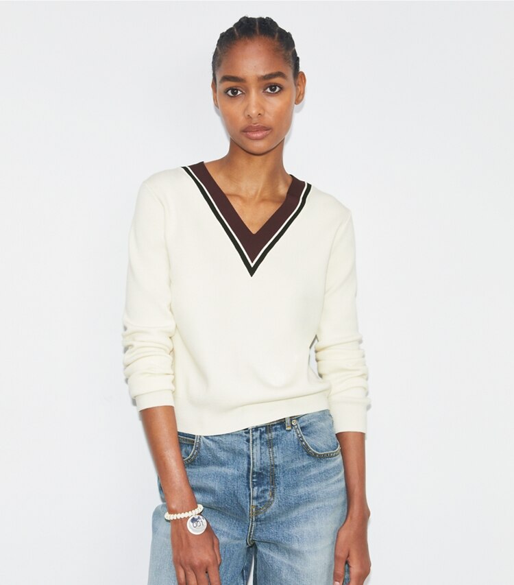 Tory Sport designer sweaters Wool Dickie Sweater in New Ivory / Evening Plum on model detail