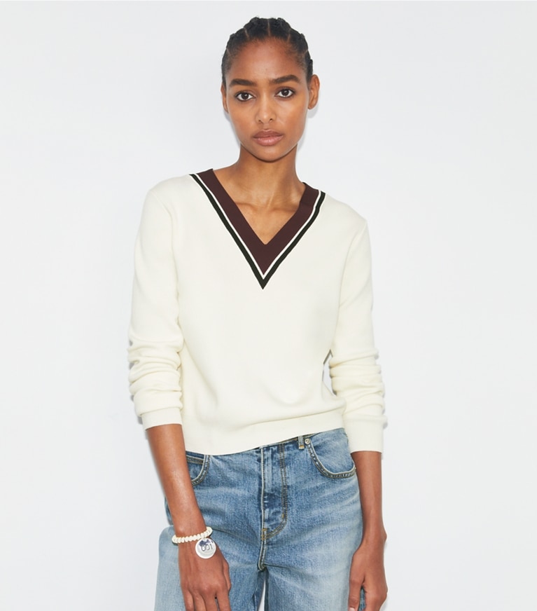 Tory Sport designer sweaters Wool Dickie Sweater in New Ivory / Evening Plum front