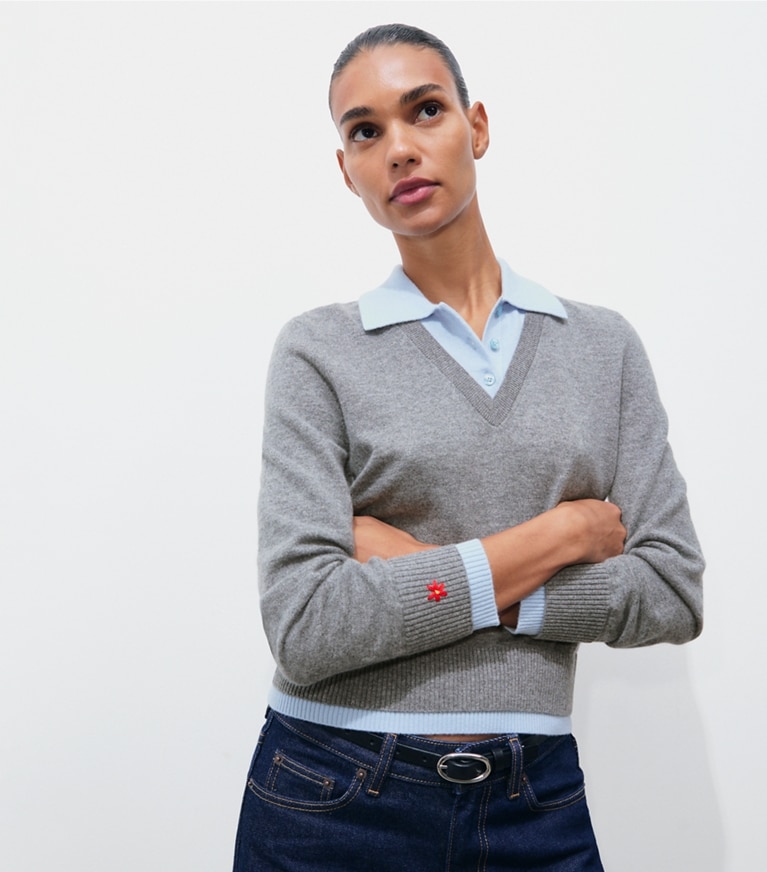 Tory Burch designer sweaters Wool Dickie Sweater in Blue Gray on model detail