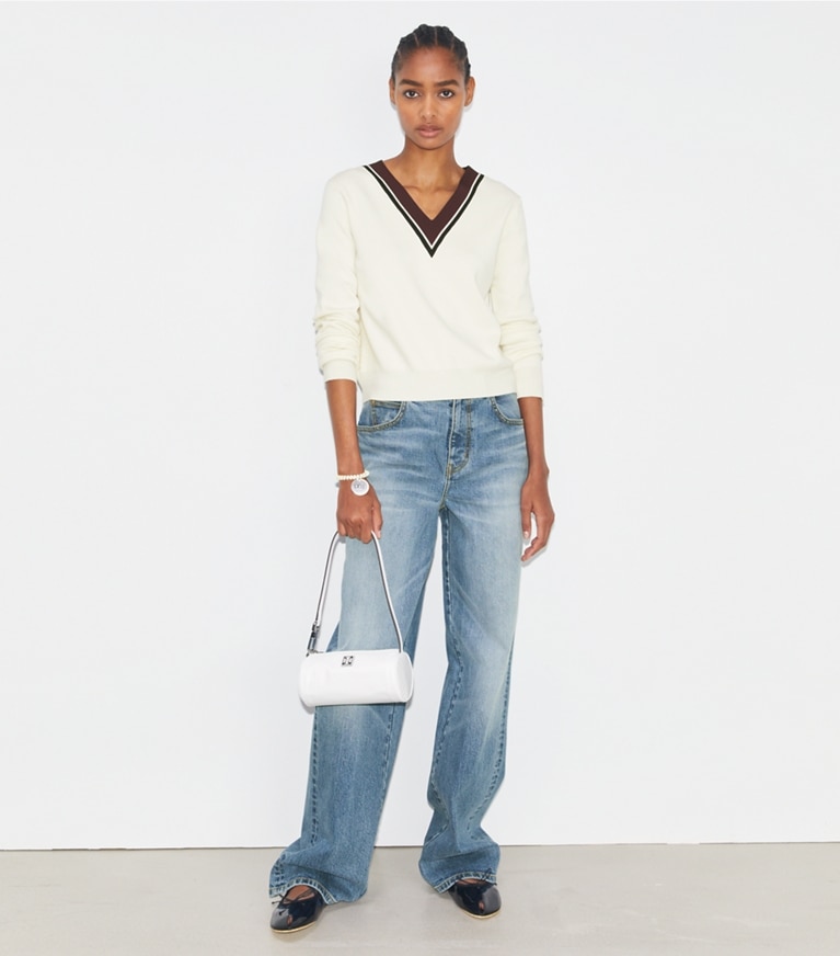 Tory Sport designer sweaters Wool Dickie Sweater in New Ivory / Evening Plum front
