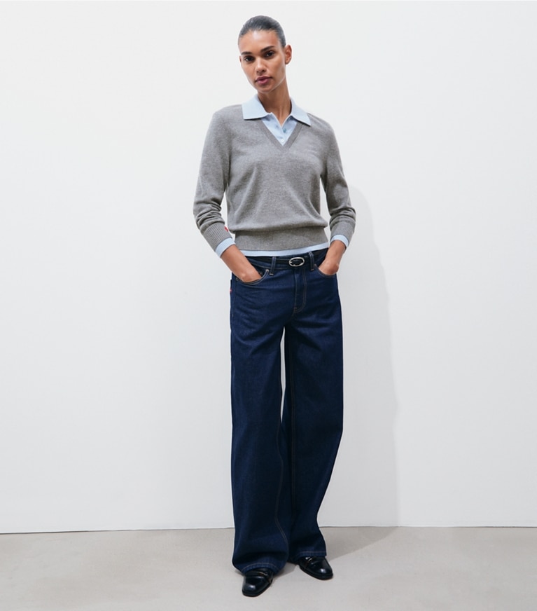 Tory Burch designer sweaters Wool Dickie Sweater in Blue Gray on model front