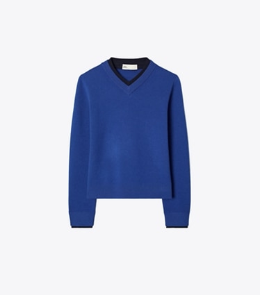 Tory Burch designer sweaters Wool Double Collar V-Neck Sweater in Dot Blue / Deep Navy front