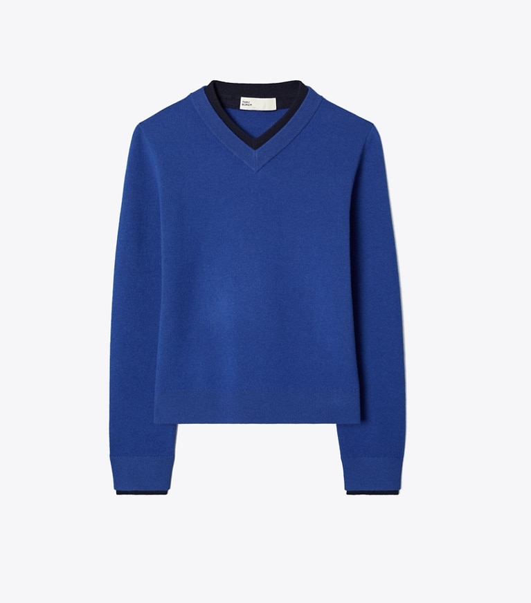 Tory Burch designer sweaters Wool Double Collar V-Neck Sweater in Dot Blue / Deep Navy front