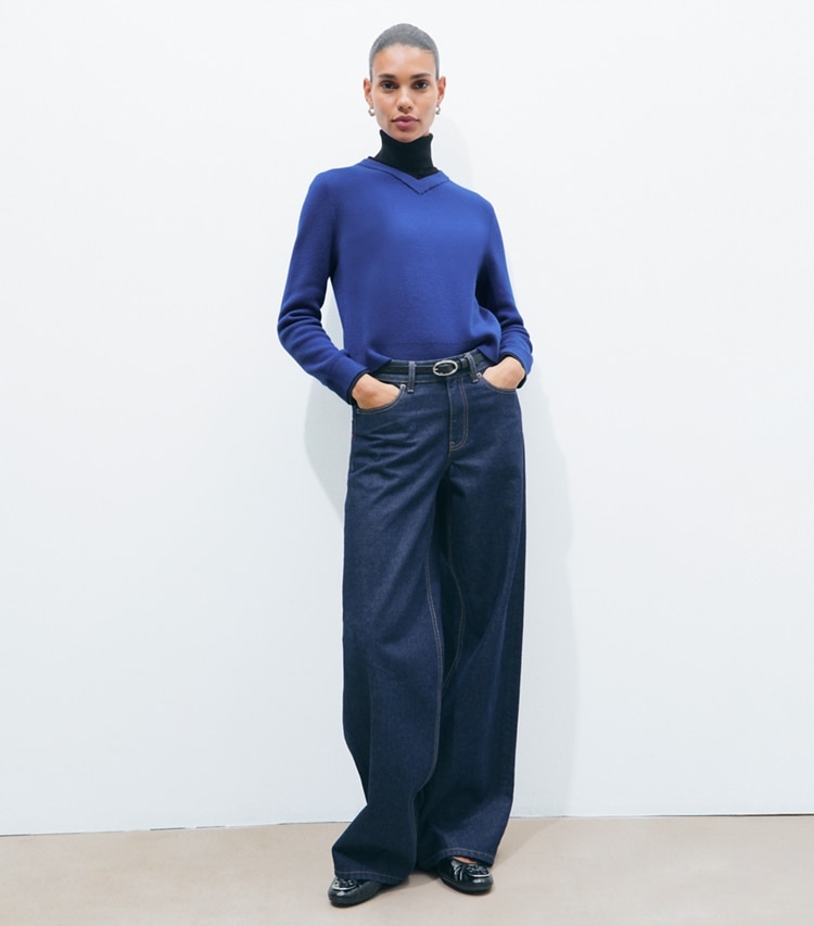 Tory Burch designer sweaters Wool Double Collar V-Neck Sweater in Dot Blue / Deep Navy on model front