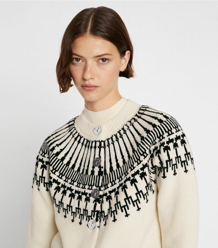 Tory Sport designer sweaters Wool Fair Isle cardigan in New Ivory on model detail