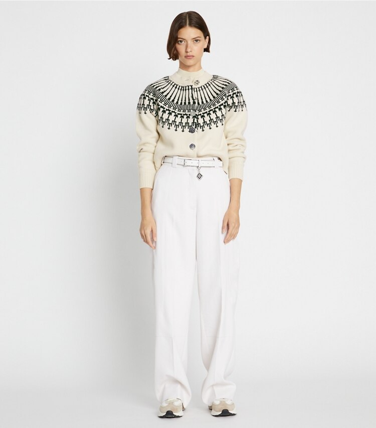 Tory Sport designer sweaters Wool Fair Isle cardigan in New Ivory on model front