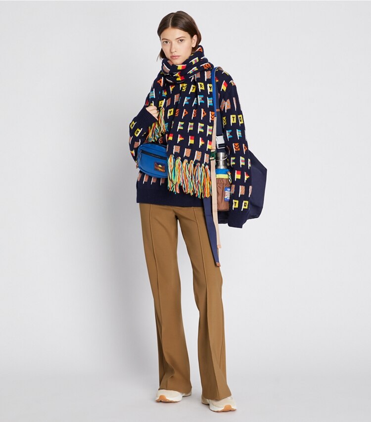 Tory Sport designer sweaters Wool Flag Sweater in Tory Navy Multi additional on model