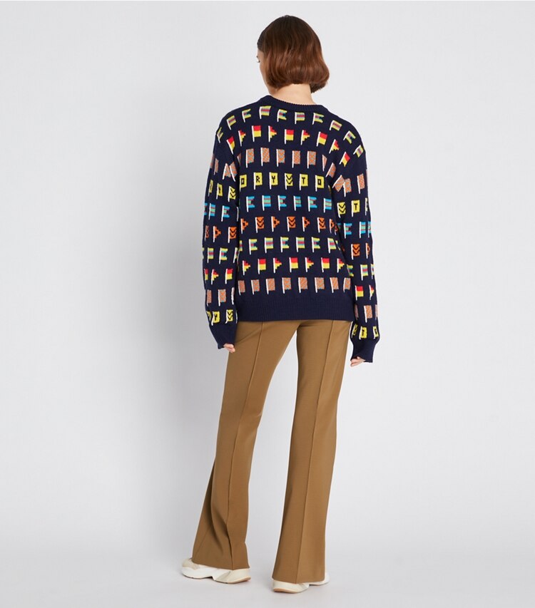 Tory Sport designer sweaters Wool Flag Sweater in Tory Navy Multi on model back
