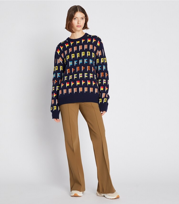 Tory Sport designer sweaters Wool Flag Sweater in Tory Navy Multi on model front