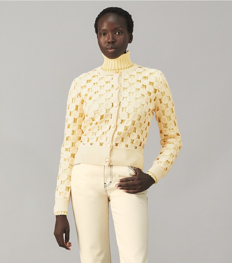 Tory Burch designer sweaters Wool Guipure Cardigan in Dark Vintage Ivory front