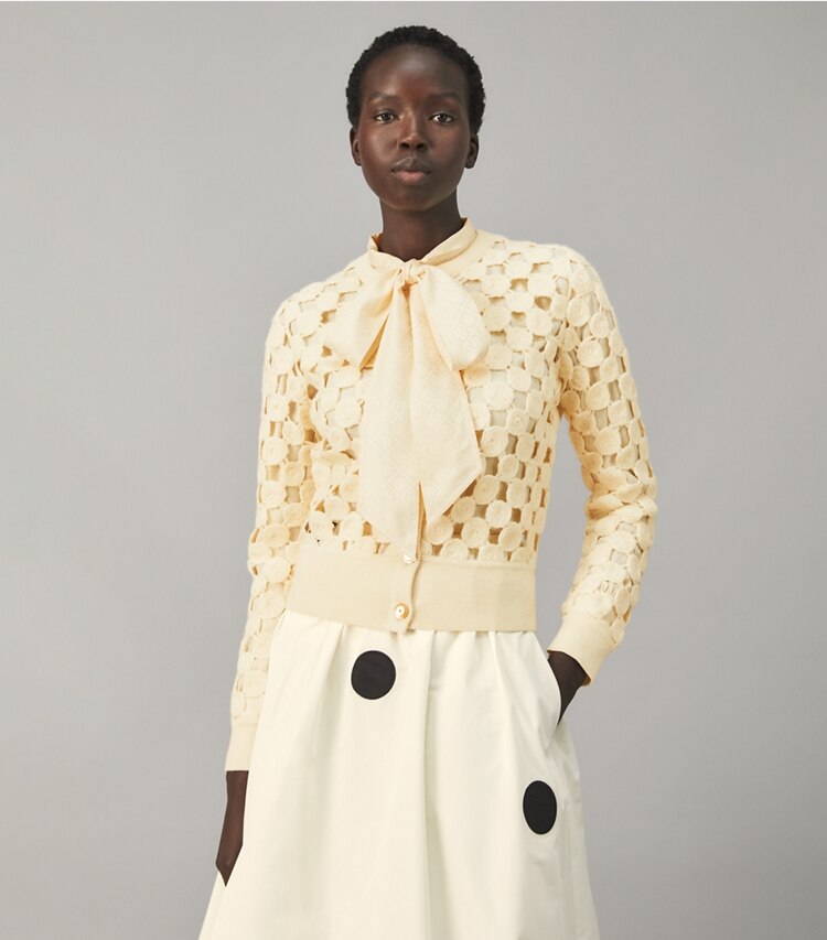 Tory Burch designer sweaters Wool Guipure Cardigan in Dark Vintage Ivory on model detail