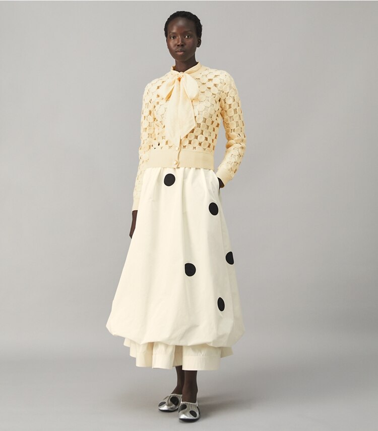 Tory Burch designer sweaters Wool Guipure Cardigan in Dark Vintage Ivory on model front