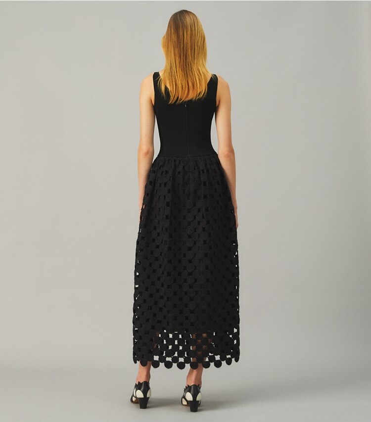 Tory Burch designer dresses Wool Guipure Dress in BLACK MEDALLION on model back