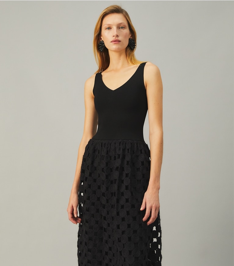 Tory Burch designer dresses Wool Guipure Dress in BLACK MEDALLION front