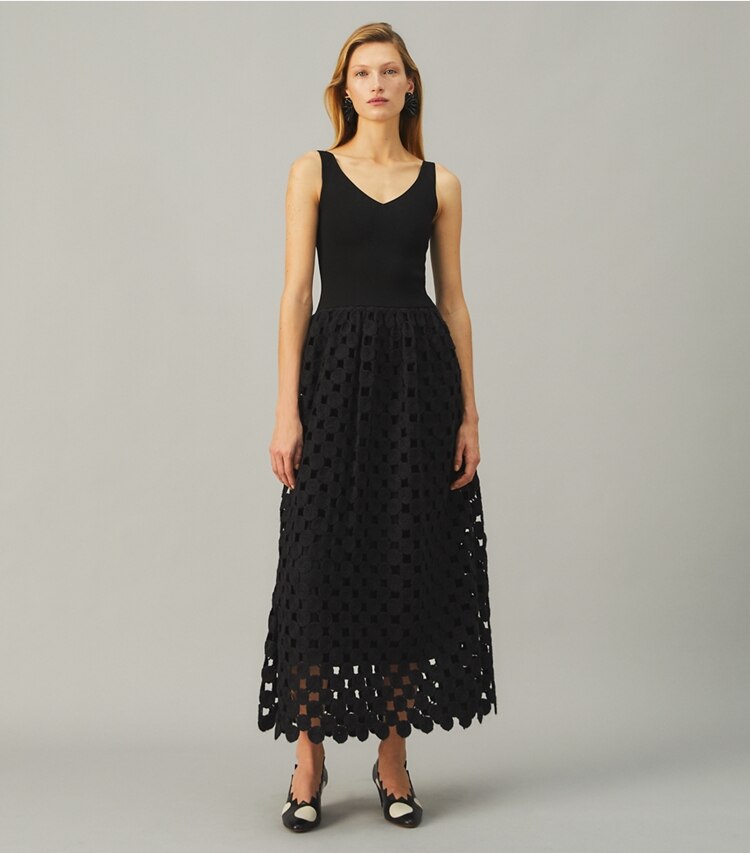 Tory Burch designer dresses Wool Guipure Dress in BLACK MEDALLION on model front