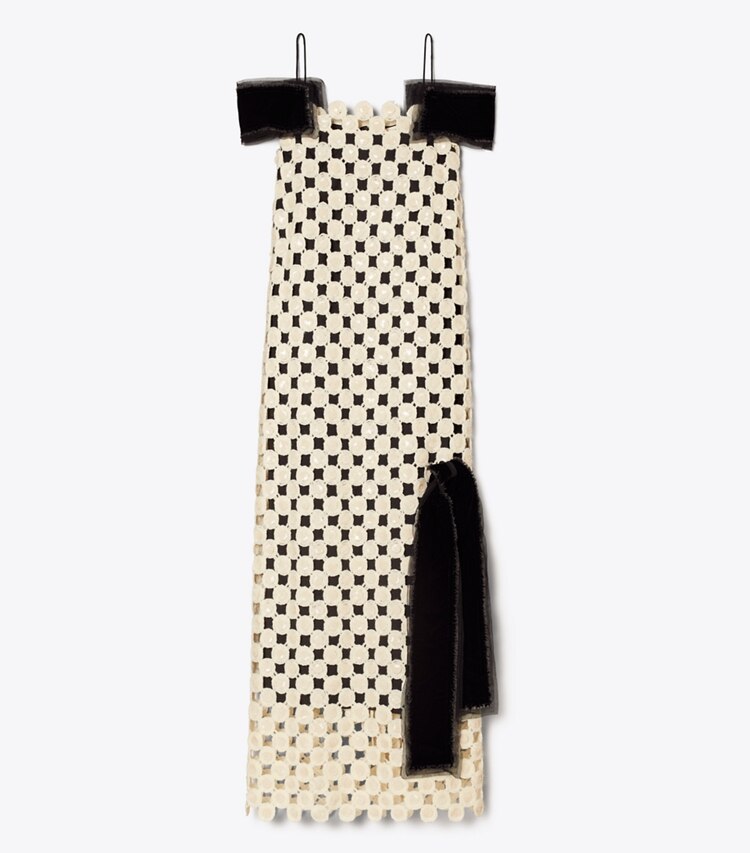 Tory Burch designer dresses Wool Guipure Embellished Dress in French Cream front