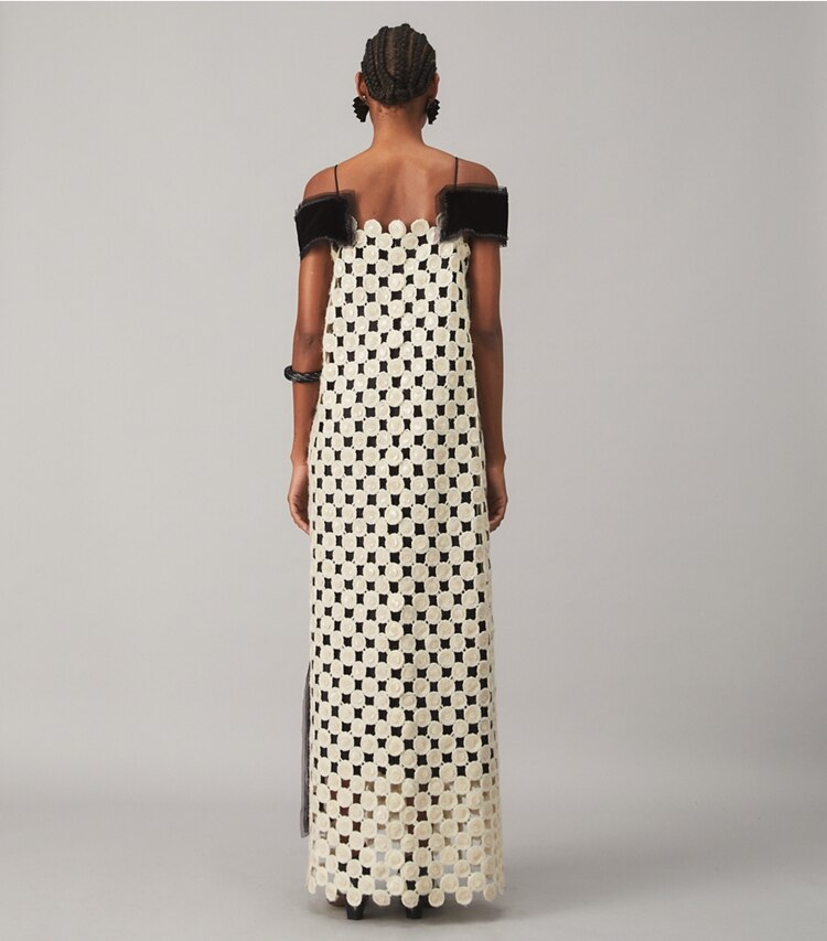 Tory Burch designer dresses Wool Guipure Embellished Dress in French Cream on model back