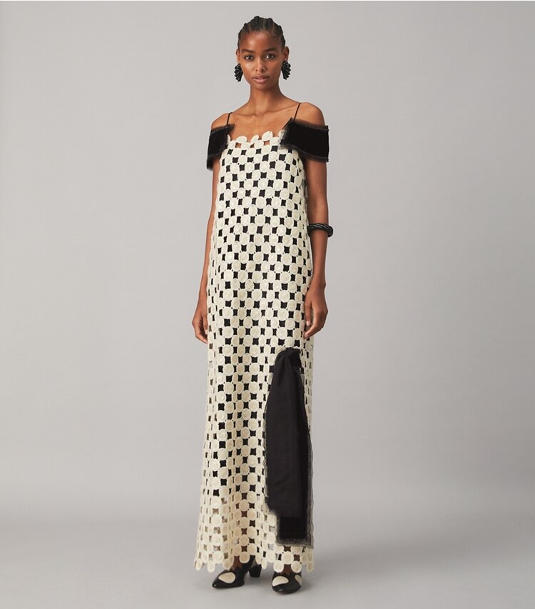 Tory Burch designer dresses Wool Guipure Embellished Dress in French Cream on model front