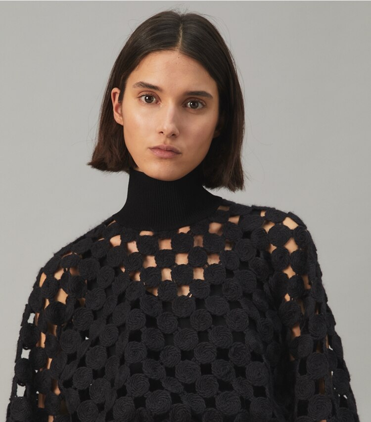 Tory Burch designer tops Wool Guipure Top in BLACK MEDALLION on model detail