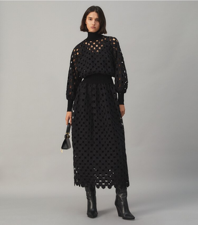Tory Burch designer tops Wool Guipure Top in BLACK MEDALLION on model front