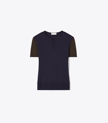 Tory Burch designer セーター ウール ヘンリー in Dark Brown / Deep Blue front