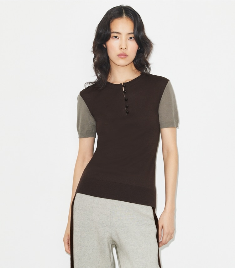Tory Burch designer sweaters Wool Henley in Light Gray / Dark Brown on model detail