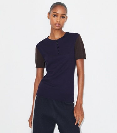 Tory Burch designer sweaters Wool Henley in Dark Brown / Deep Blue on model detail