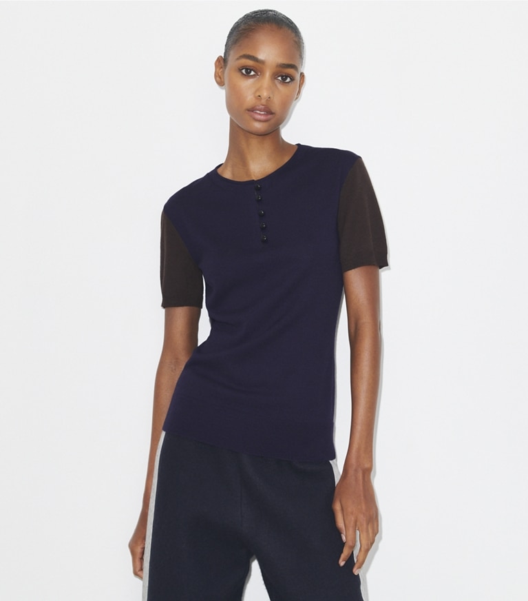 Tory Burch designer セーター ウール ヘンリー in Dark Brown / Deep Blue front