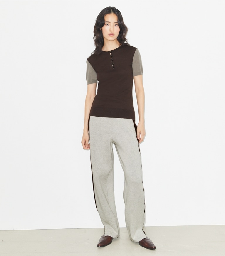 Tory Burch designer sweaters Wool Henley in Light Gray / Dark Brown front