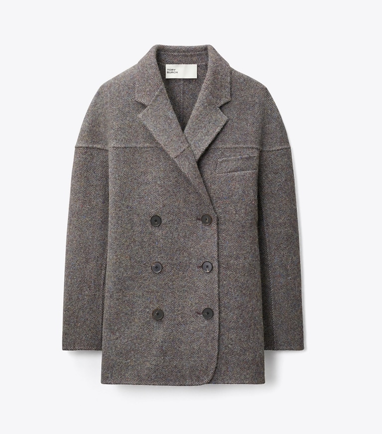 Tory Burch designer coats Wool Herringbone Jacket in Gray Herringbone front