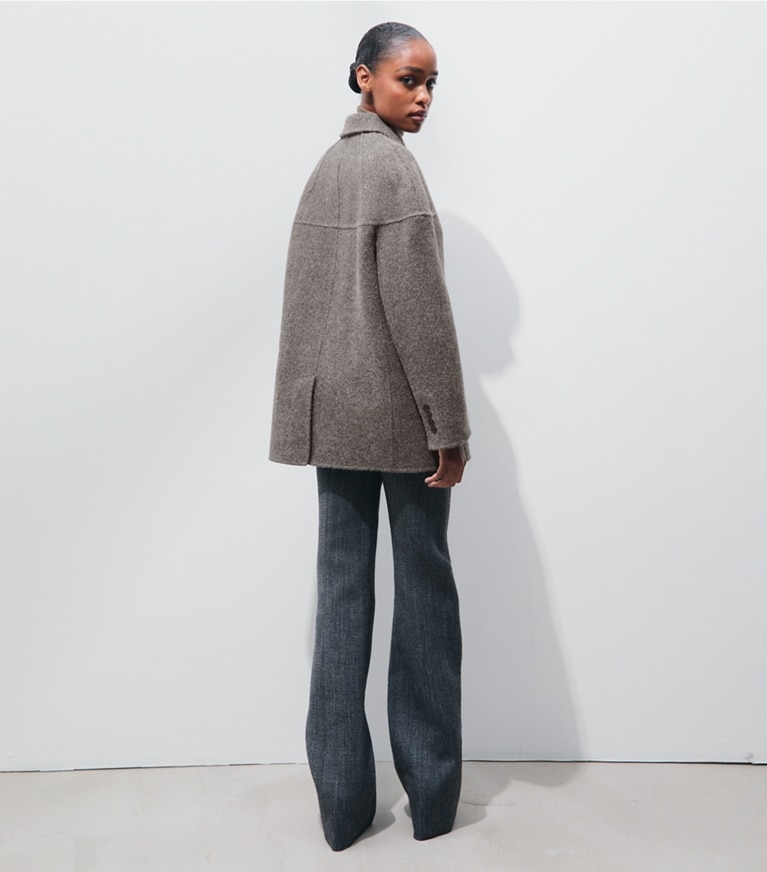 Tory Burch designer coats Wool Herringbone Jacket in Gray Herringbone on model back