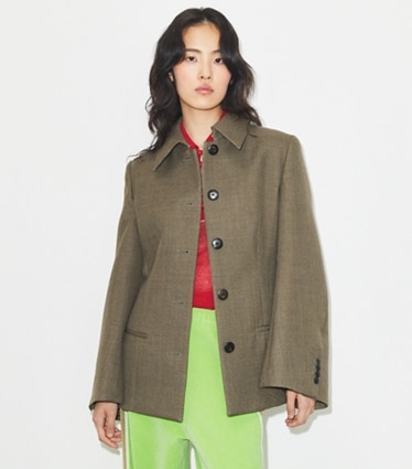 Tory Burch designer jackets Wool Jacket in Brown on model detail