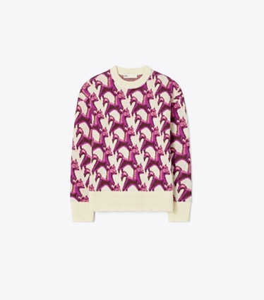 Tory Burch designer sweaters Wool Jacquard Crewneck Sweater in Cream / Magenta front