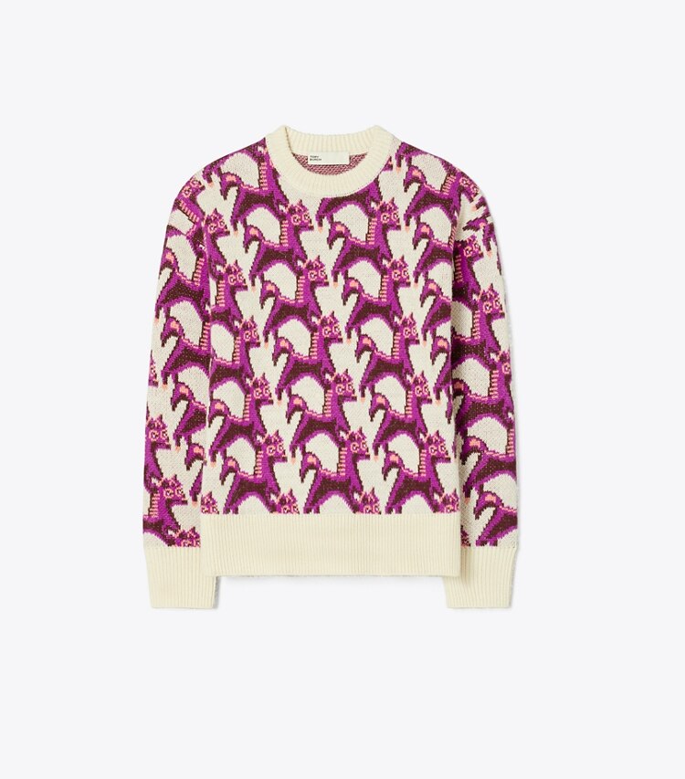 Tory Burch designer sweaters Wool Jacquard Crewneck Sweater in French Cream front