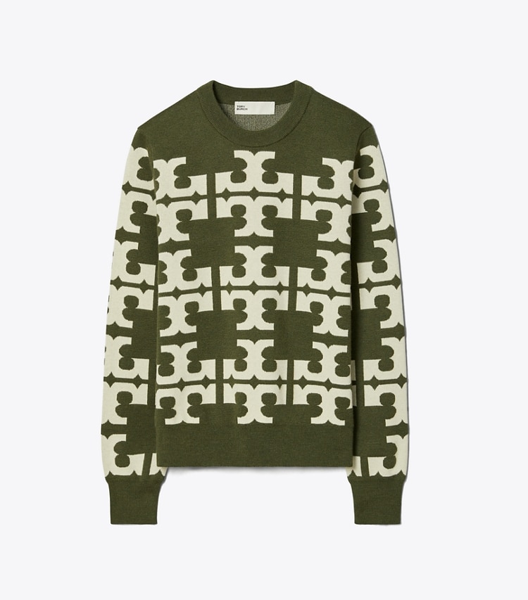 Tory Sport designer sweaters Wool Logo Sweater in Olive Field / NEW IVORY front