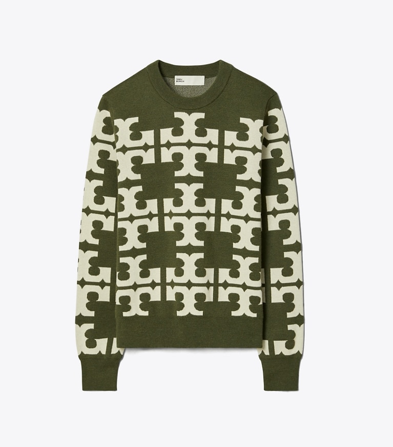 Tory Sport designer sweaters Wool Logo Sweater in Olive Field / NEW IVORY front