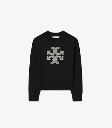 Tory Burch designer sweaters Wool Logo Sweater in Black / Light New Ivory front