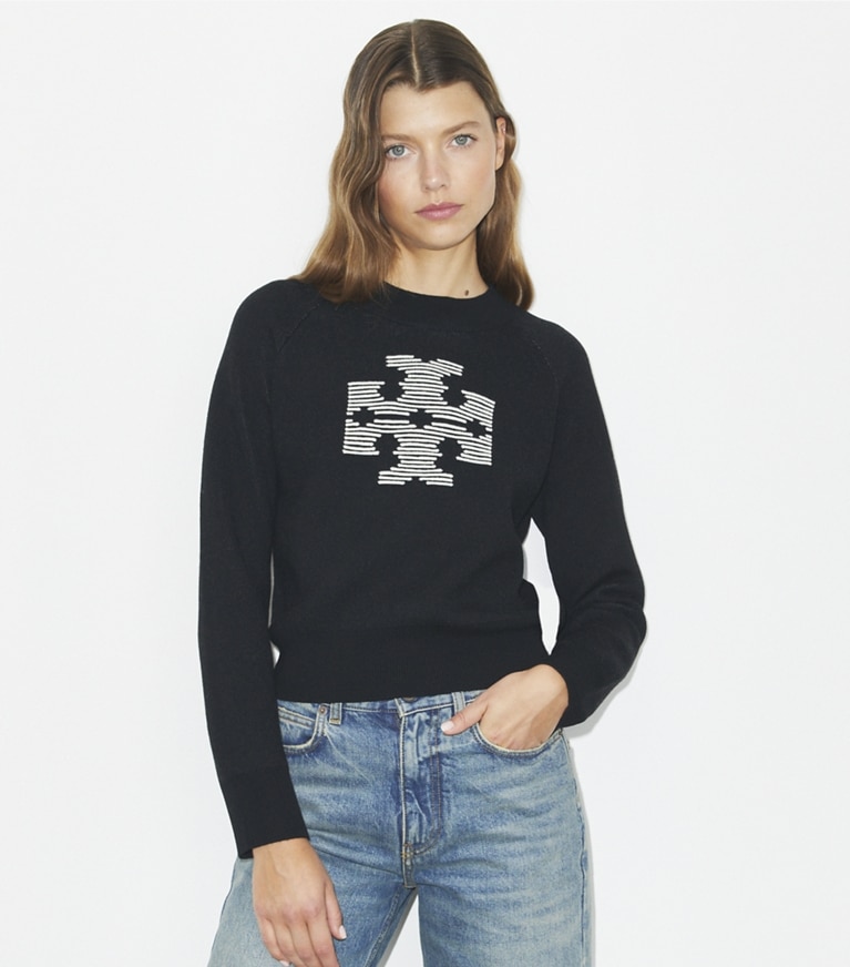 Tory Burch designer sweaters Wool Logo Sweater in Black / Light New Ivory front