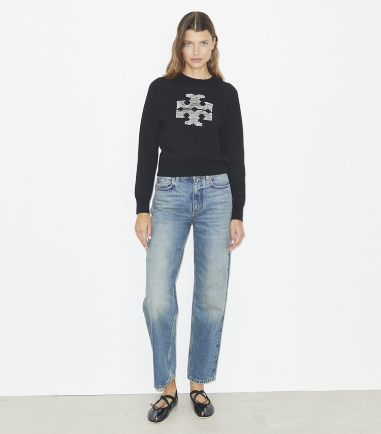 Tory Burch designer sweaters Wool Logo Sweater in Black / Light New Ivory on model front