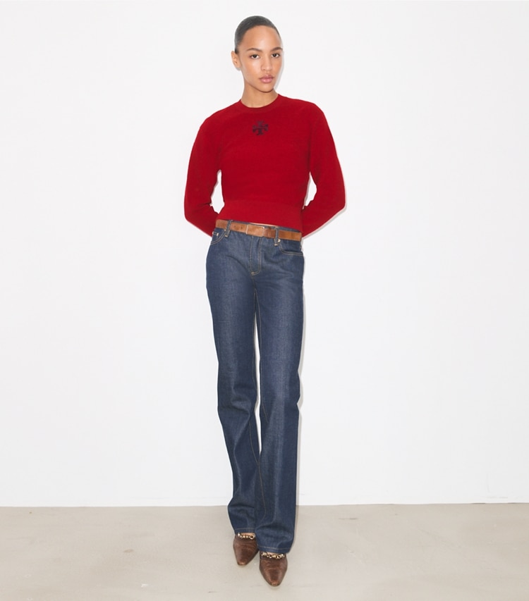 Tory Burch designer セーター ウール ロゴセーター in Toucan Red モデル前面