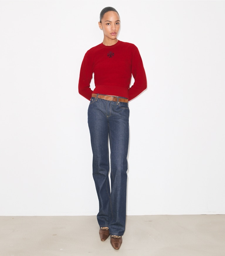 Tory Burch designer セーター ウール ロゴセーター in Toucan Red モデル前面