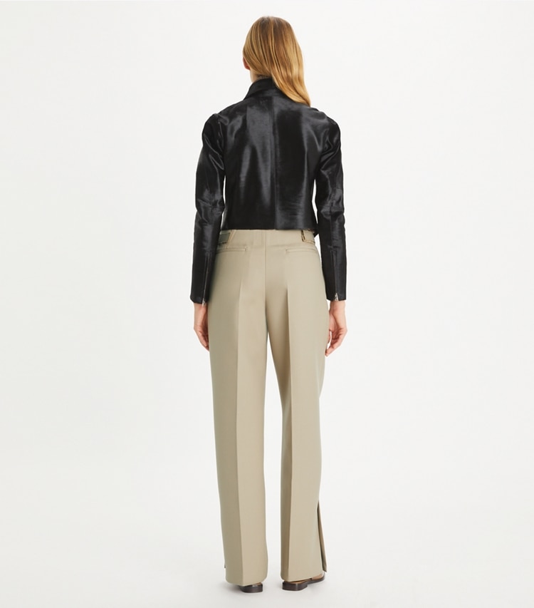 Tory Burch designer bottoms Wool Pant in Silver Taupe on model back