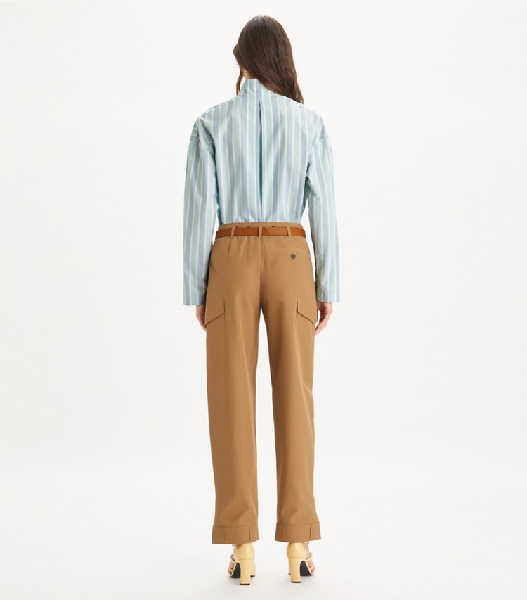 Tory Burch designer bottoms Wool Pant in Dark Sandalwood on model back