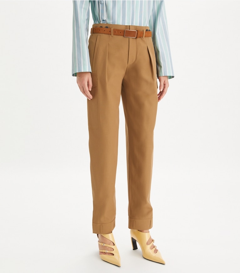 Tory Burch designer bottoms Wool Pant in Dark Sandalwood front