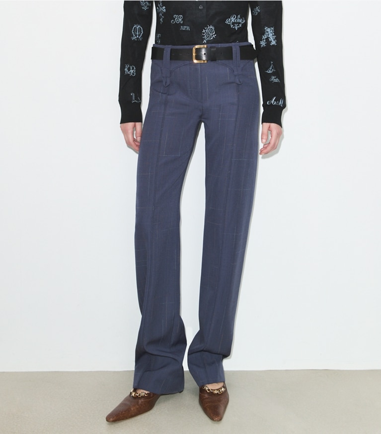 Tory Burch designer bottoms Wool Pant in Steel on model detail