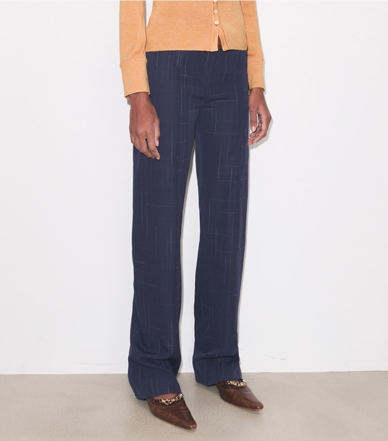 Tory Burch designer bottoms Wool Pant in Dark Navy / Copper on model detail