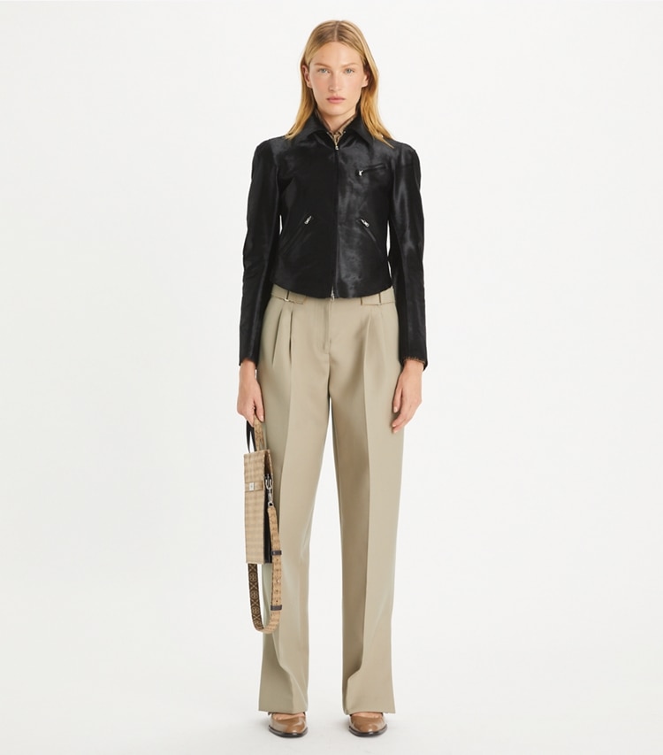 Tory Burch designer bottoms Wool Pant in Silver Taupe on model front