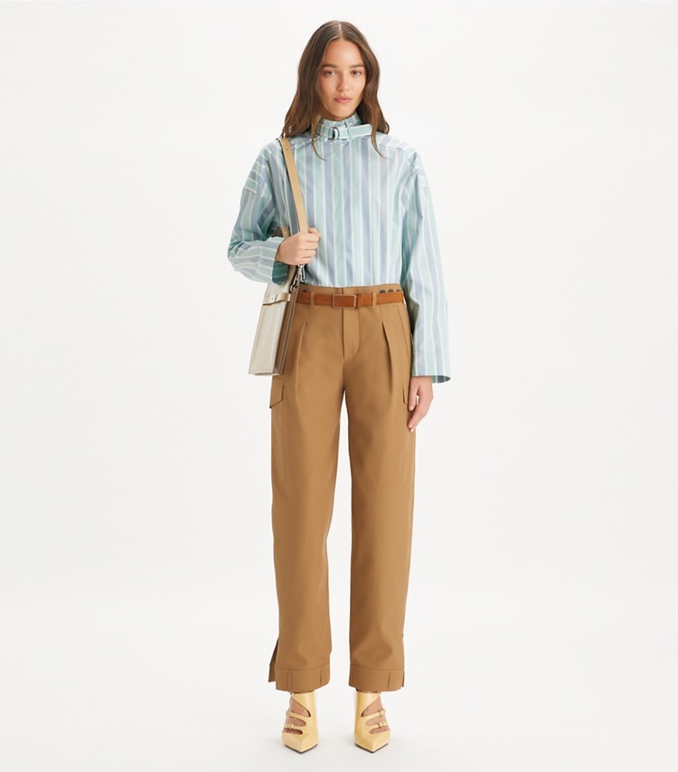 Tory Burch designer bottoms Wool Pant in Dark Sandalwood on model front