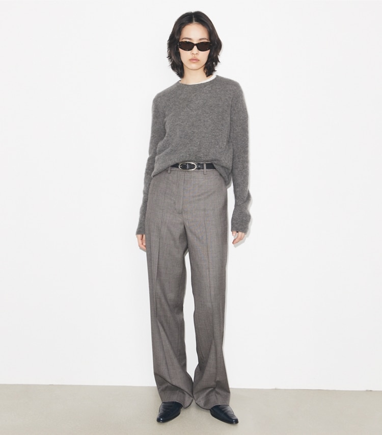 Tory Burch designer bottoms Wool Pant in Black / Gray on model front