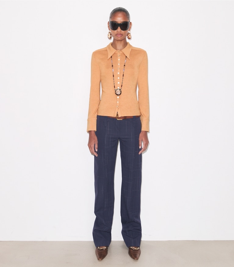 Tory Burch designer bottoms Wool Pant in Dark Navy / Copper on model front